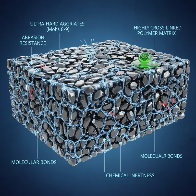 A detailed, magnified cross-section view of adamantine flooring. Show ultra-hard, angular aggregates (Mohs hardness 8-9, like diamonds) densely packed and tightly bound within a robust, highly cross-linked polymer matrix. Illustrate microscopic forces like abrasion (scratches deflecting off aggregates) and chemical resistance (a drop of corrosive liquid beading harmlessly on the surface). Style: scientific illustration, 3D render, precise, with glowing lines indicating molecular bonds.
