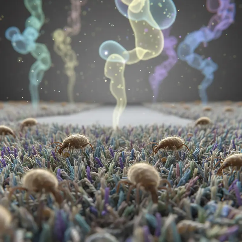 A highly detailed, close-up microscopic view. In the foreground, numerous dust mites with their distinctive bodies and legs are clearly visible thriving within the tangled fibers of a high-pile carpet. In the background, subtle, almost ethereal representations of VOCs (Volatile Organic Compounds) are depicted as faint, colorful gaseous plumes or molecular structures rising from a synthetic flooring material or adhesive.