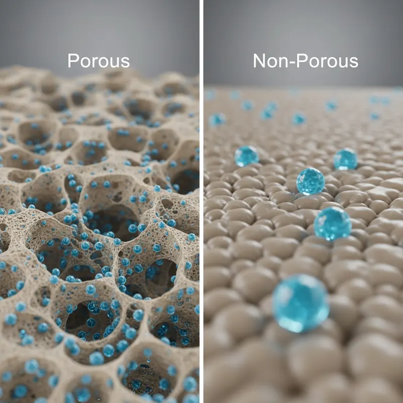 A microscopic 3D render illustrating porous material with channels absorbing liquid on the left, and non-porous material with a tightly packed structure causing liquid to bead on the right.