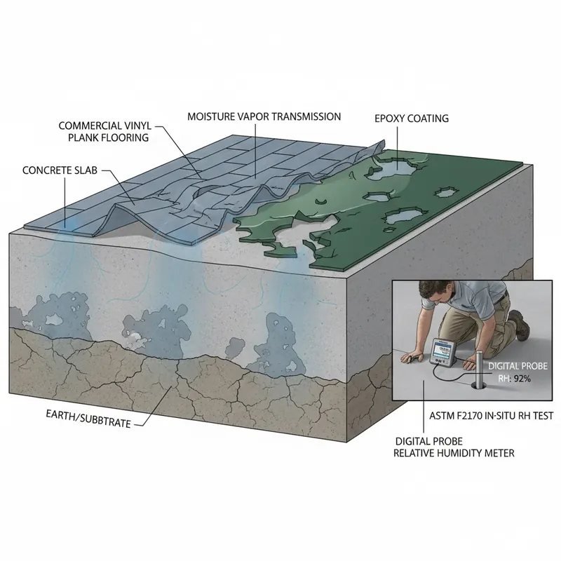Cross-section illustration of a concrete slab with flooring, showing moisture rising and causing bubbling/peeling, with an inset of a technician performing an ASTM F2170 humidity test.