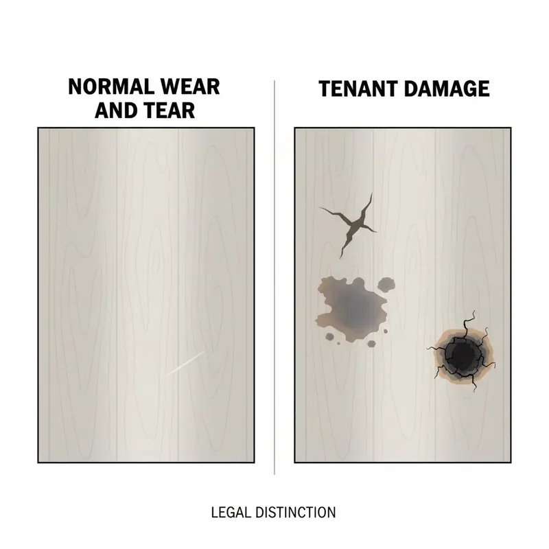 A clear, conceptual illustration with two distinct panels or a visual scale. Left panel (or one side of scale): 'Normal Wear and Tear' showing subtle, minor imperfections like slight fading, a faint scuff mark, or gentle dulling in a high-traffic path on a floor. Right panel (or other side of scale): 'Tenant Damage' showing obvious, severe damage like a deep gouge, a large pet stain, or a burn mark. Use a neutral, clean aesthetic to convey a legal distinction. Style: clean, minimalist illustration, with clear labels for each category.