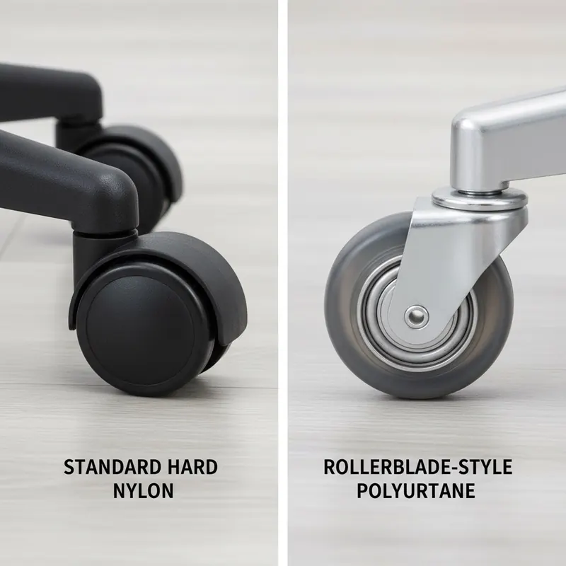 A side-by-side comparison of two office chair casters. On the left, a standard hard black nylon caster wheel, looking rigid and potentially abrasive. On the right, a 'rollerblade-style' polyurethane wheel, translucent, slightly softer-looking, with a smoother profile. Highlight the material difference clearly. The background should be a subtle office floor texture.