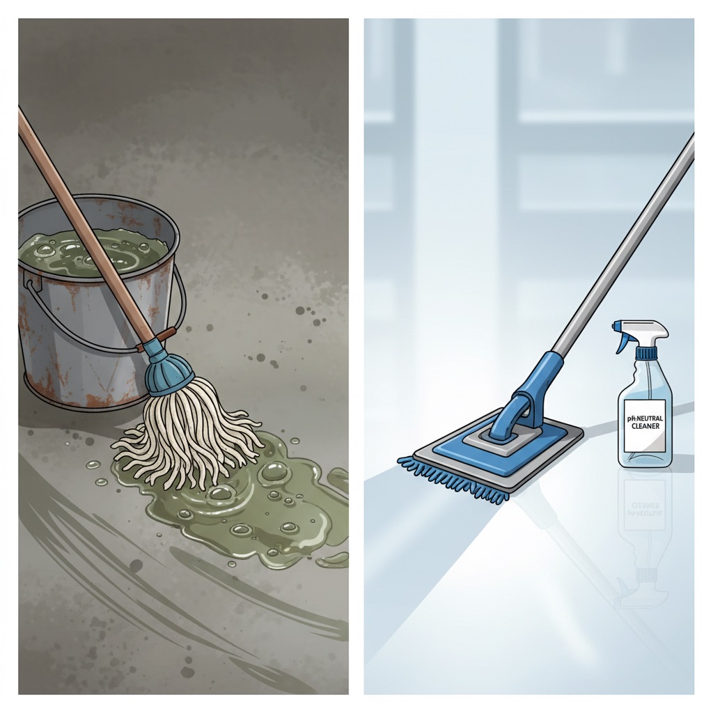 A split image showing a dull, cloudy adamantine floor on the left with a traditional string mop, and a gleaming, reflective floor on the right with a modern microfiber mop and pH-neutral cleaner.