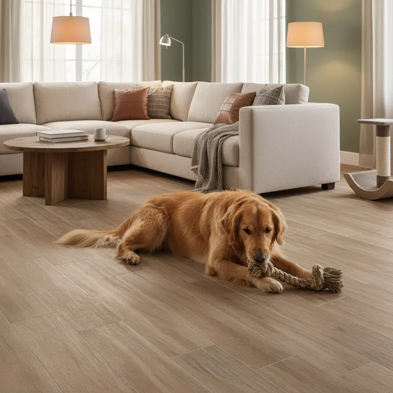 A Golden Retriever playing on a textured Luxury Vinyl Plank (LVP) floor, demonstrating pet-friendly, scratch-resistant, and high-traction flooring.