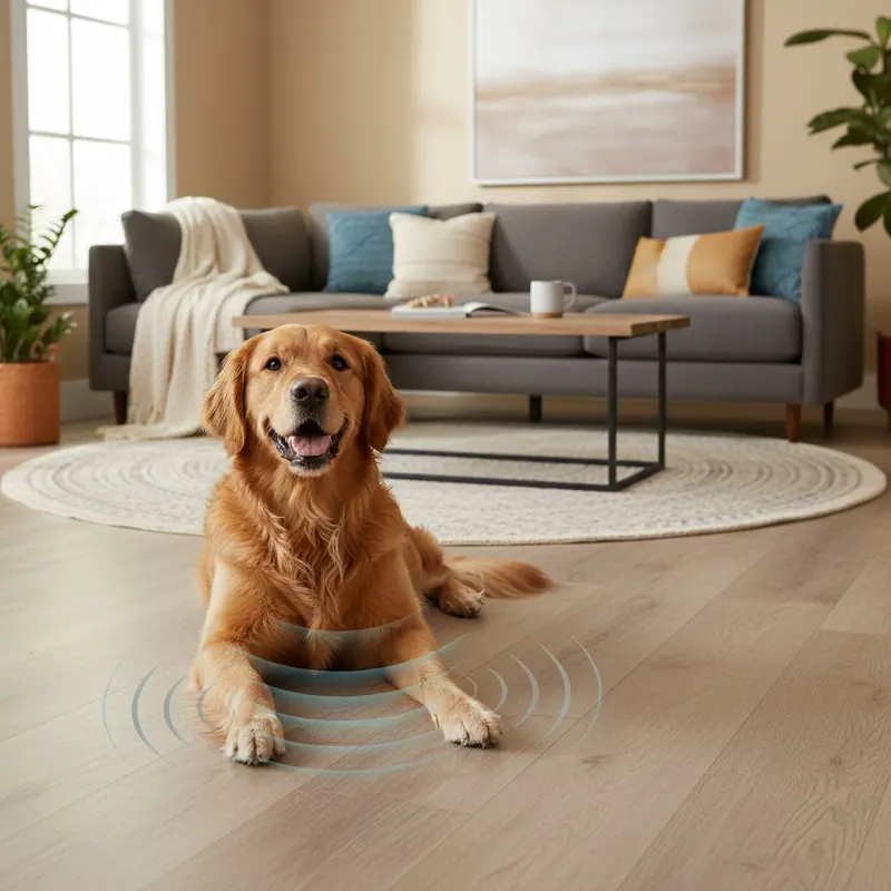 A cozy, modern living room scene featuring a happy dog (e.g., a Golden Retriever or Labrador) comfortably lying or walking on a beautiful Adamantine LVP floor. Subtle, muted sound waves are shown emanating from the dog's paws, quickly dissipating into the floor, indicating effective sound absorption. The overall mood is peaceful and quiet, emphasizing a pet-friendly, tranquil home environment.