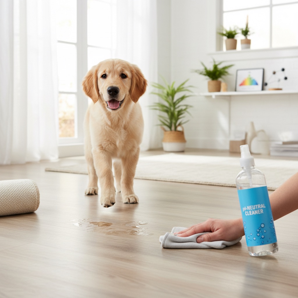 A clean kitchen floor with a dog's small spill, and a human hand cleaning it effortlessly with a microfiber cloth and pH-neutral cleaner, illustrating easy cleanup.