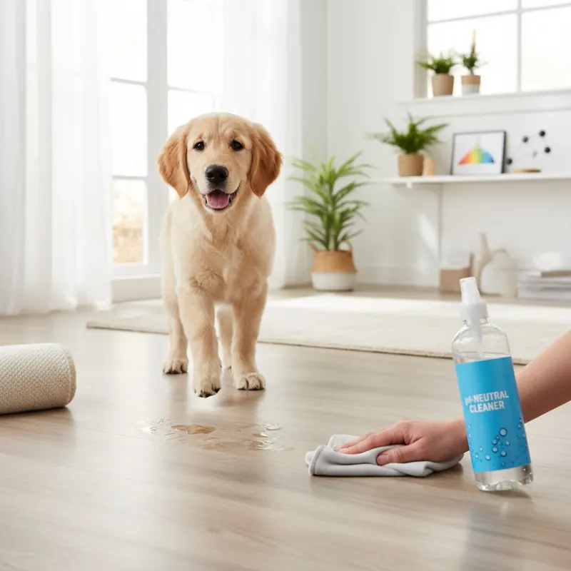 A clean kitchen floor with a dog's small spill, and a human hand cleaning it effortlessly with a microfiber cloth and pH-neutral cleaner, illustrating easy cleanup.