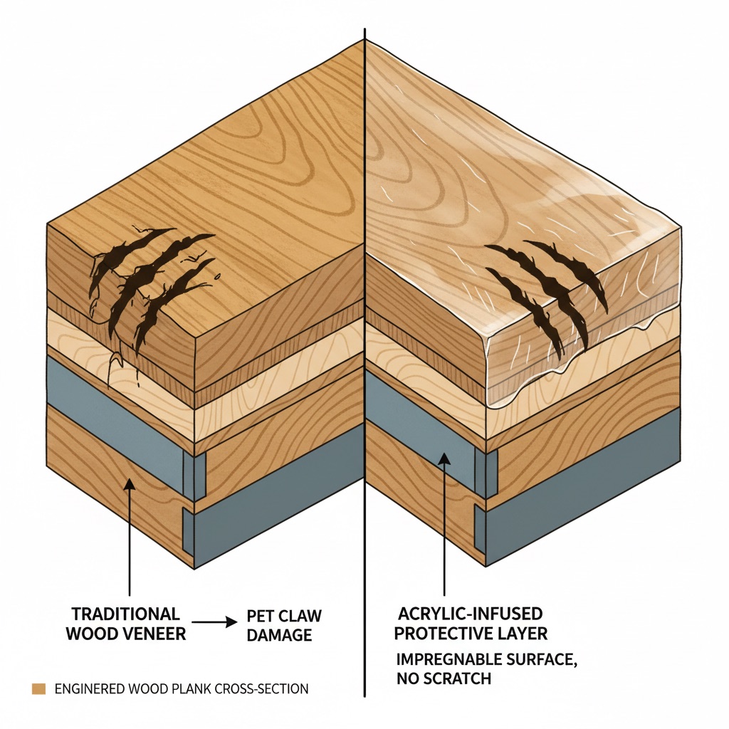 A detailed cutaway illustration of an engineered wood plank. On the left, a traditional wood veneer shows a deep, visible gouge caused by a pet's claw. On the right, the same engineered wood veneer is depicted with liquid acrylic visibly infused and hardened throughout its top layer, showing a pet's claw attempting to scratch it but leaving no mark, highlighting the impenetrable surface. The wood grain is visible and warm.