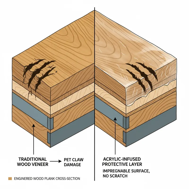 A detailed cutaway illustration of an engineered wood plank. On the left, a traditional wood veneer shows a deep, visible gouge caused by a pet's claw. On the right, the same engineered wood veneer is depicted with liquid acrylic visibly infused and hardened throughout its top layer, showing a pet's claw attempting to scratch it but leaving no mark, highlighting the impenetrable surface. The wood grain is visible and warm.