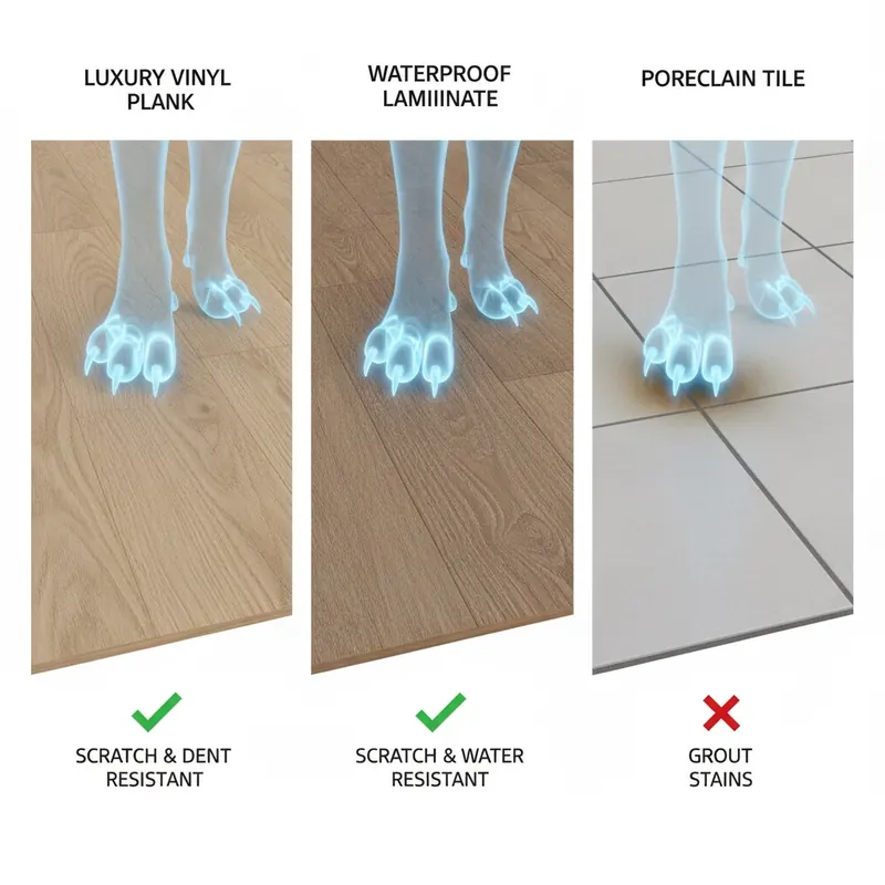 Side-by-side 3D comparison of Luxury Vinyl Plank, Waterproof Laminate, and Porcelain Tile being tested for scratch resistance by a dog's paw, demonstrating their relative durability.