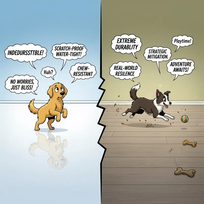 A split-panel illustration showing the myth of 'pet-proof' flooring (pristine showroom) versus the reality of 'extreme durability' (active dog on resilient floor).