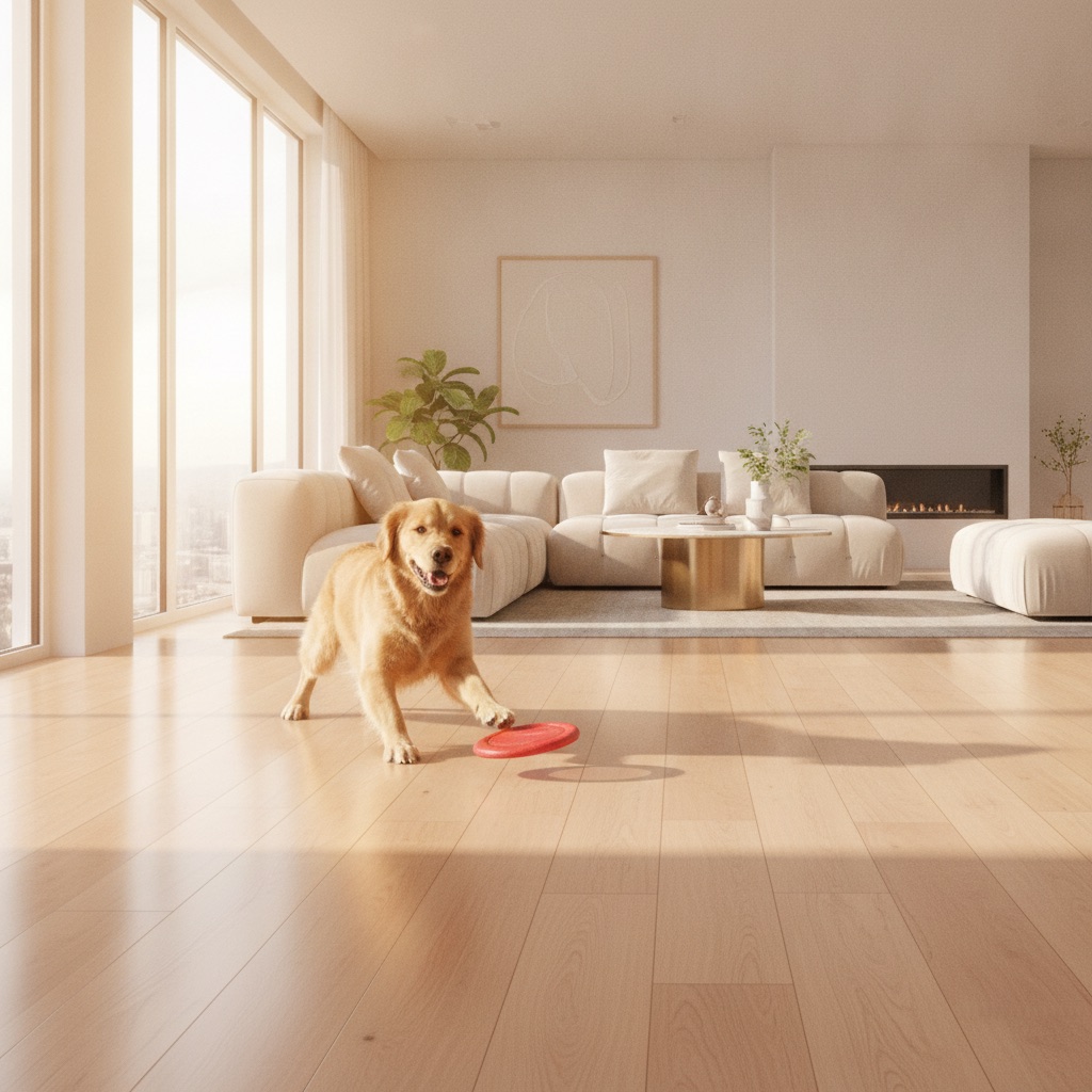 A happy golden retriever plays on a light-colored Adamantine wood-look floor, demonstrating its scratch-resistant surface in a sunlit living room.