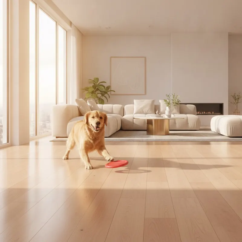 A happy golden retriever plays on a light-colored Adamantine wood-look floor, demonstrating its scratch-resistant surface in a sunlit living room.