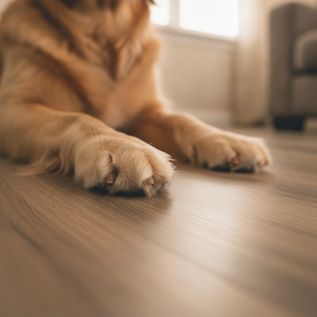 Close-up of a dog's paws resting on a pristine, scratch-resistant laminate floor, illustrating a pet-proof flooring solution.