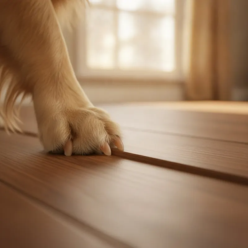 Close-up of a golden retriever's paw on a scratch-resistant Adamantine floor, showing no marks or damage from the claws.