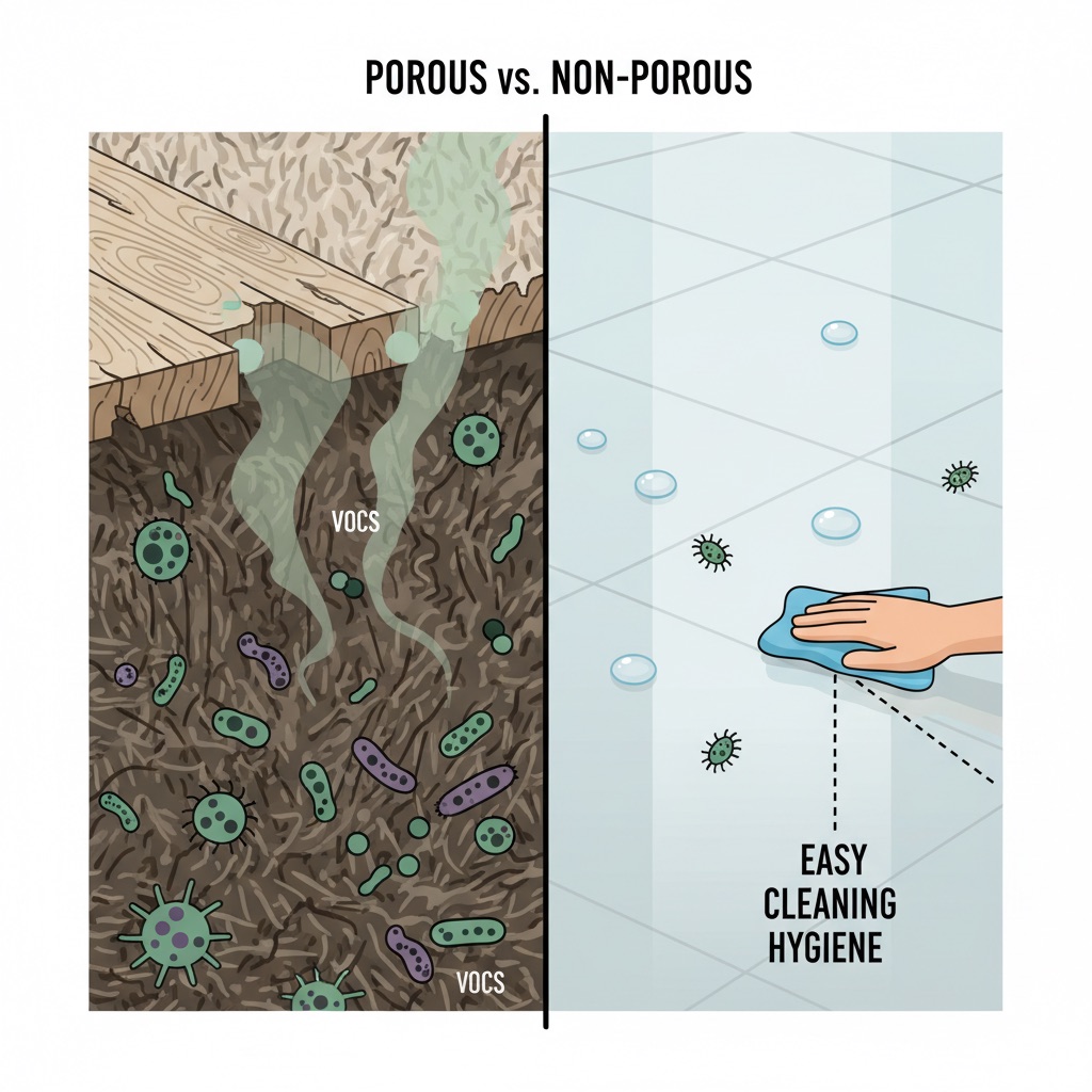 A split-screen infographic showing a porous floor (carpet/wood) trapping bacteria, mold, and dust mites with VOCs, contrasted with a pristine non-porous floor (epoxy/porcelain) where liquids bead and pathogens are easily wiped away.