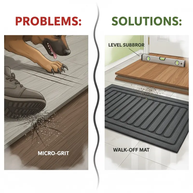 Illustration showing causes of floor wear like microscopic grit and dog claws, contrasted with solutions like walk-off mats and proper subfloor installation.