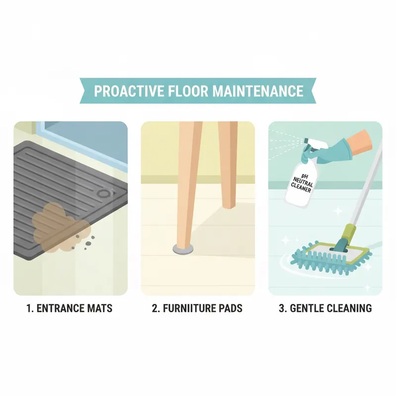 Illustration of floor protection essentials: a doormat trapping dirt, a felt pad on a chair leg, and cleaning with a microfiber mop.