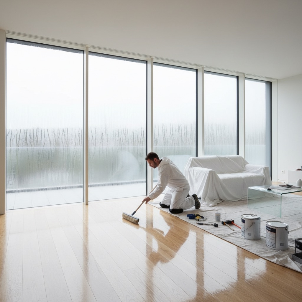 A bright, modern interior scene featuring large windows. On the windows, a subtle, transparent film is visible, deflecting or diffusing strong sunlight. On the floor below, a professional is applying a clear, protective UV-inhibiting finish to a wood floor, with a section already gleaming. The overall mood is clean, proactive, and protective.