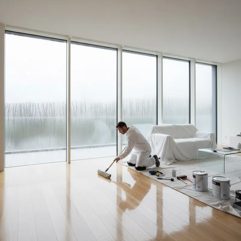 A bright, modern interior scene featuring large windows. On the windows, a subtle, transparent film is visible, deflecting or diffusing strong sunlight. On the floor below, a professional is applying a clear, protective UV-inhibiting finish to a wood floor, with a section already gleaming. The overall mood is clean, proactive, and protective.