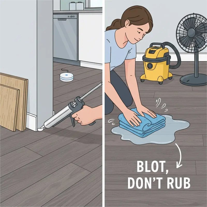 A dynamic, split-scene illustration demonstrating proactive moisture mitigation. On the left, a hand is carefully applying a bead of silicone sealant along the perimeter gap between a wall and the Adamantine flooring, before baseboards are installed. In the background, a smart leak detector is visible under a kitchen appliance. On the right, a person is rapidly blotting a liquid spill on the floor with highly absorbent microfiber towels, with a wet/dry vacuum and an oscillating fan nearby, emphasizing the 'Blot, Don't Rub' protocol and rapid drying.