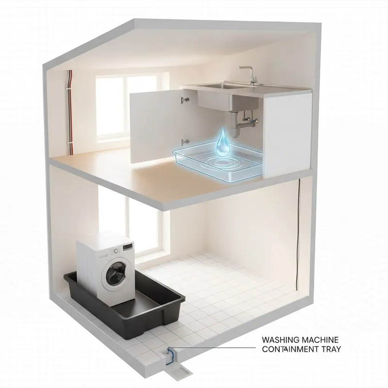 A 3D illustration demonstrating spill prevention, showing a washing machine in a containment tray and a plastic tray under a sink catching a water drip.