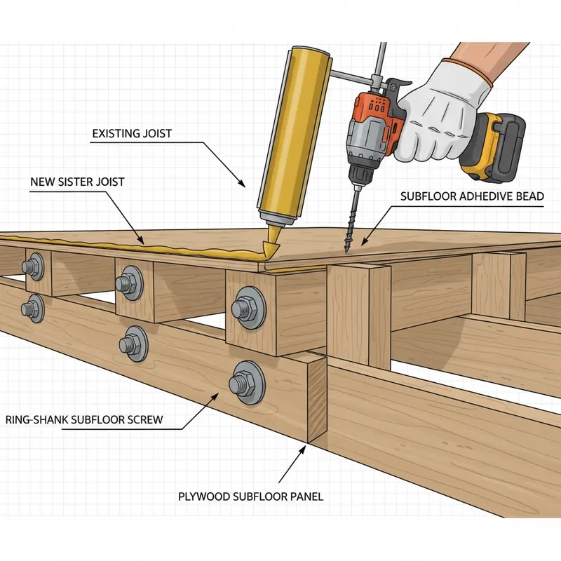 A technical diagram showing a contractor applying subfloor adhesive and driving screws, with a floor joist being sistered and cross-bracing installed, illustrating proactive subfloor reinforcement.