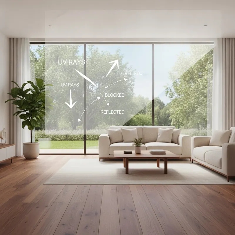 A bright living room with a large window that has a UV-blocking film deflecting sun rays, protecting the rich color of the floor inside.