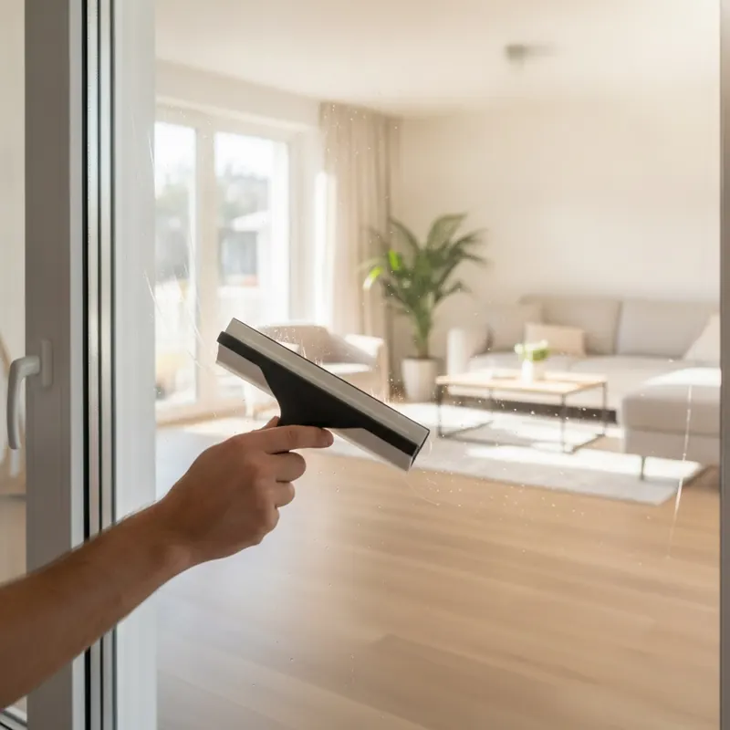 A close-up of a professional's hands carefully applying a clear UV-blocking film to a large window, with a sunlit living room floor visible through the glass.