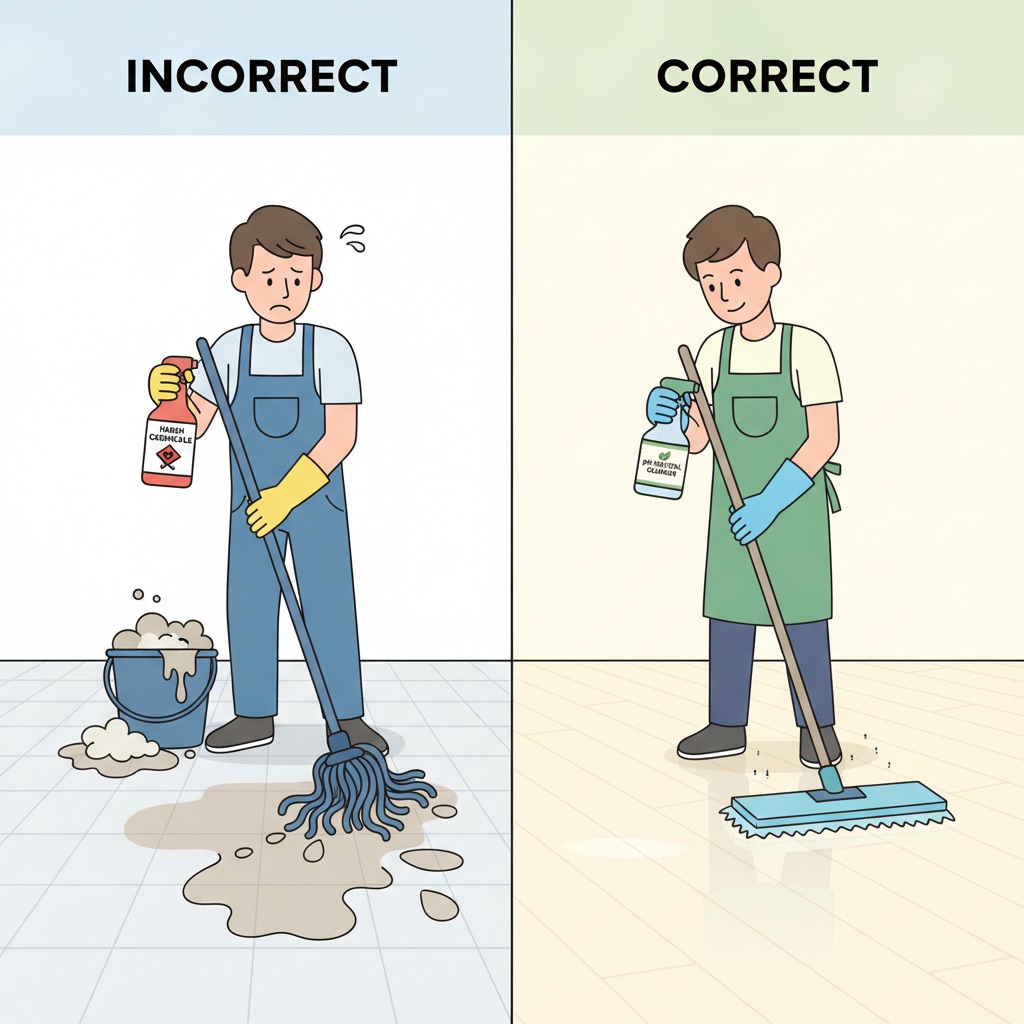 Split-screen comparison showing incorrect cleaning with a wet mop versus correct cleaning with a damp microfiber mop.