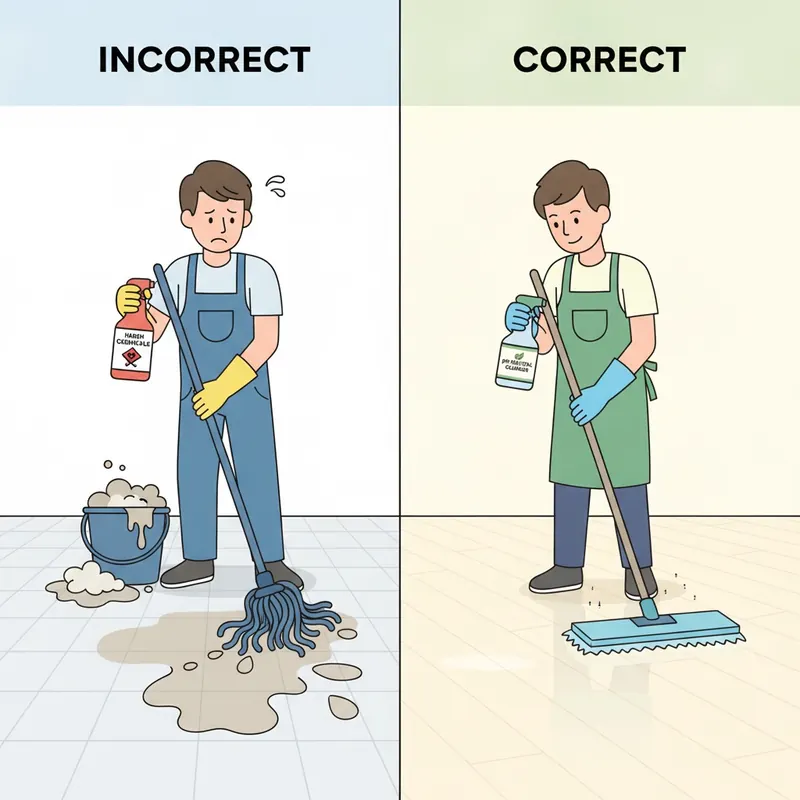 Split-screen comparison showing incorrect cleaning with a wet mop versus correct cleaning with a damp microfiber mop.