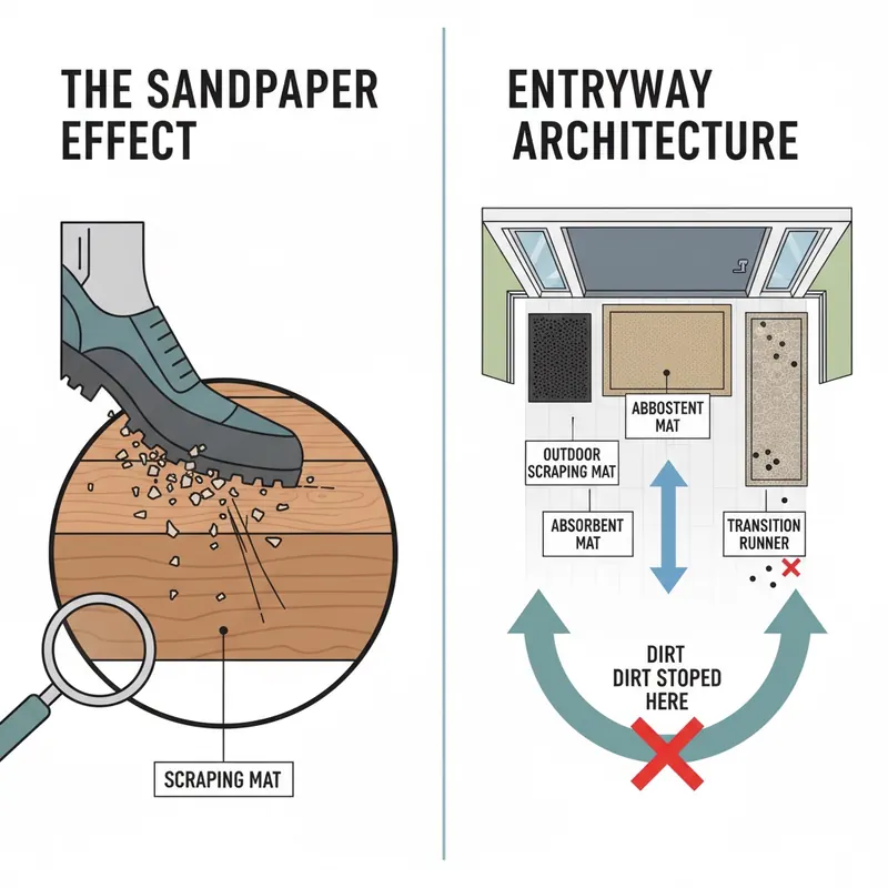 An illustrative infographic focusing on floor wear prevention. One side depicts a close-up of a floor surface being scratched by microscopic grit particles under a shoe, labeled 'The Sandpaper Effect'. The other side shows a stylized home entrance with a clear 'Entryway Architecture' system: an outdoor scraping mat, an indoor absorbent mat, and a transition runner, effectively capturing dirt particles before they reach the main living area. Arrows show the path of dirt being stopped by the matting system.