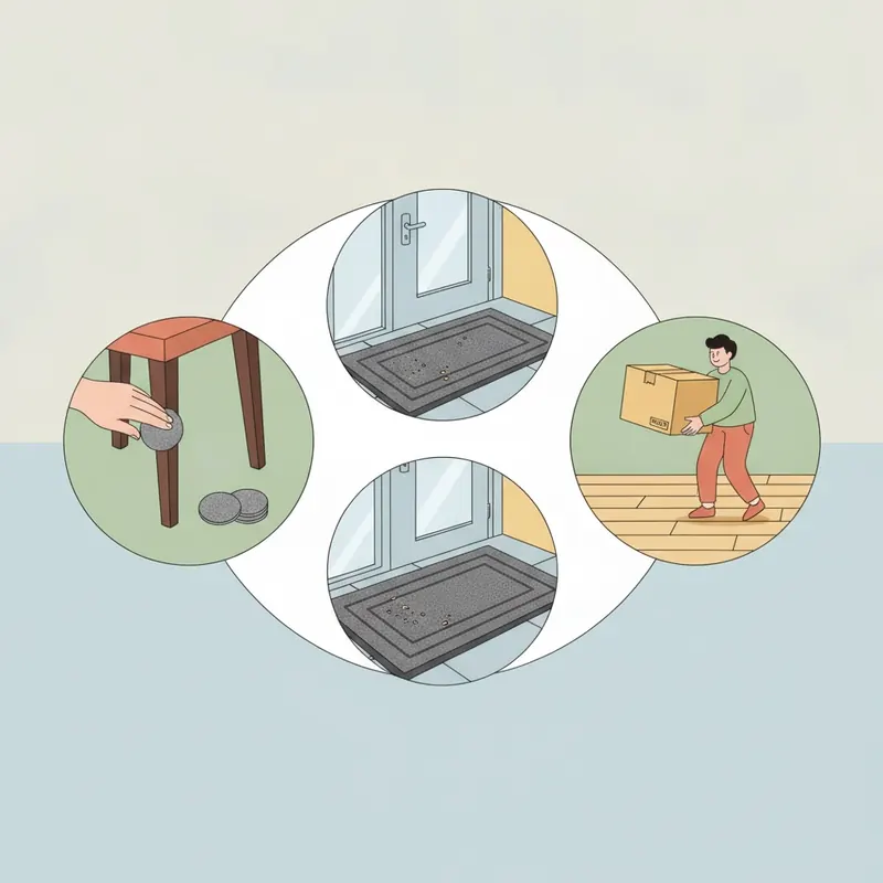 Illustration of proactive floor care: applying felt pads to furniture, using a doormat, and lifting heavy items instead of dragging them.