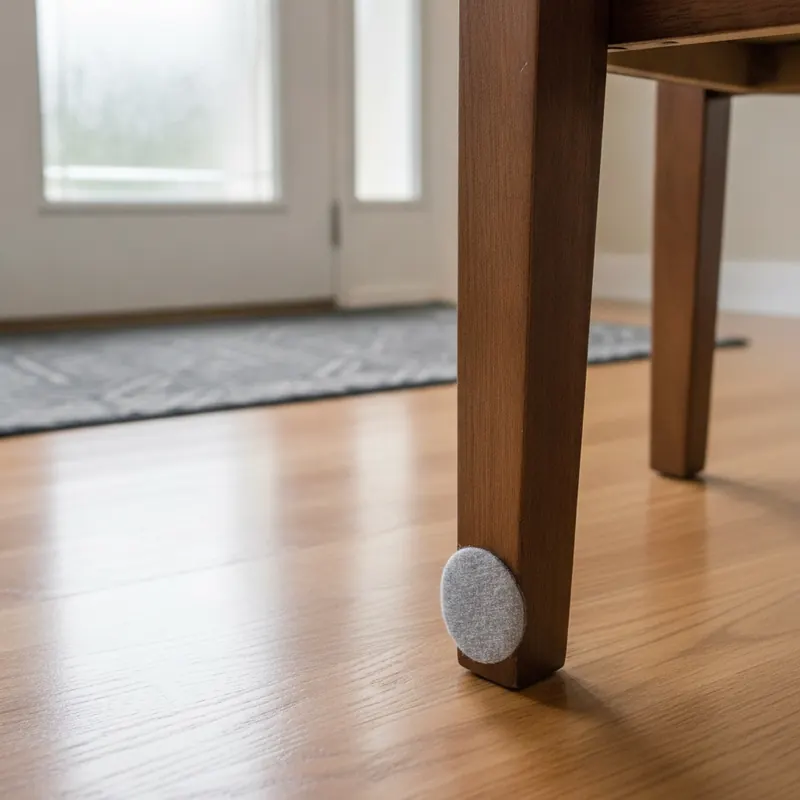 A felt pad on the bottom of a chair leg protecting a hardwood floor, illustrating preventative maintenance for flooring.