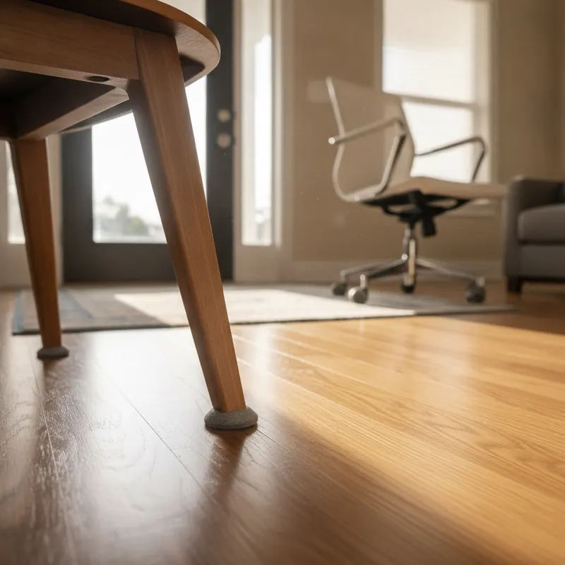A close-up of a felt pad on a chair leg protecting a hardwood floor, with an entry mat and office chair with soft wheels in the background.