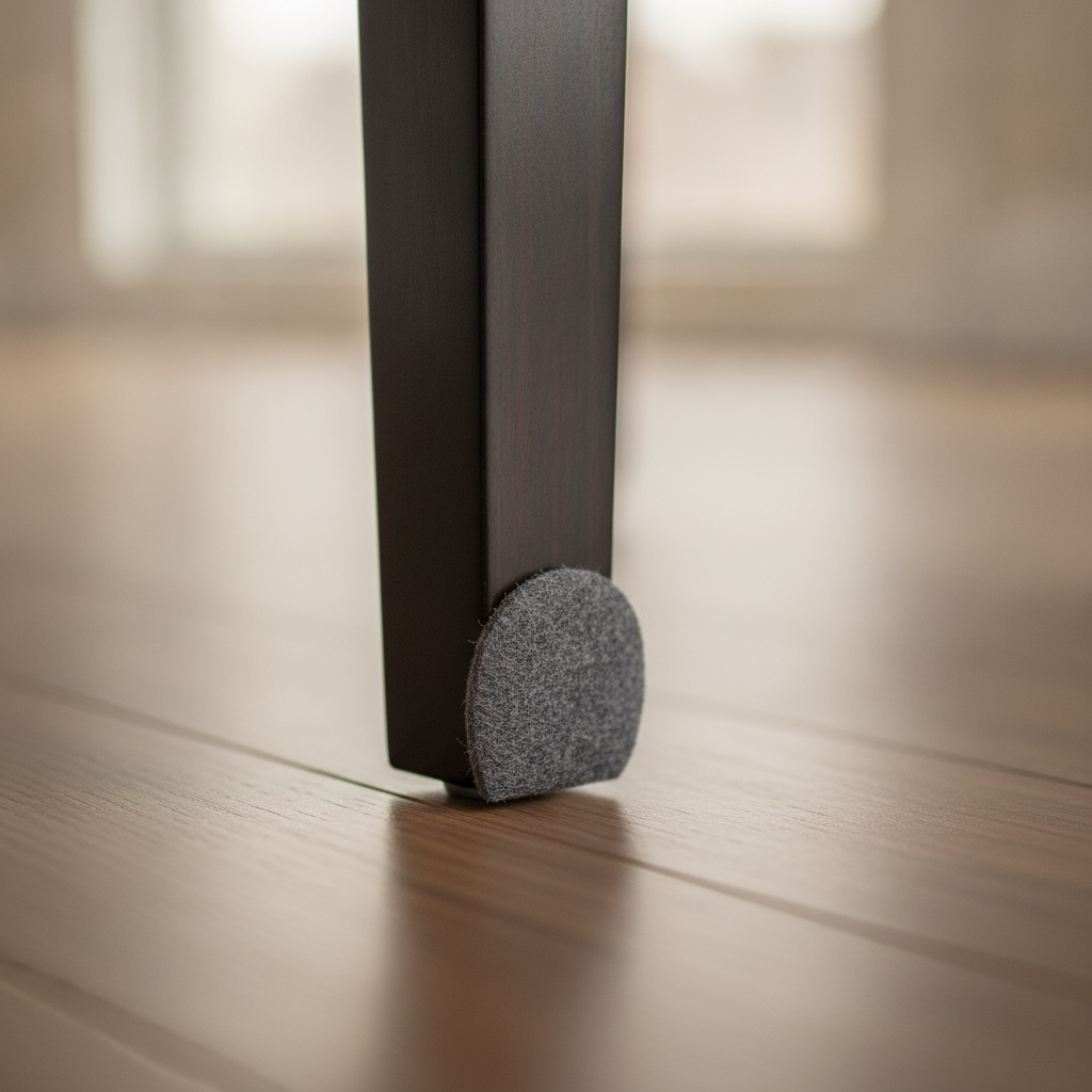 A close-up photo of a chair leg with a felt pad on the bottom, protecting a hardwood floor from scratches.