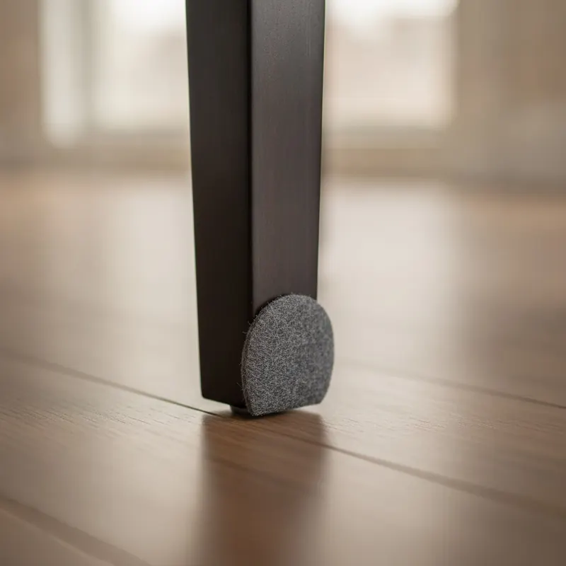 A close-up photo of a chair leg with a felt pad on the bottom, protecting a hardwood floor from scratches.
