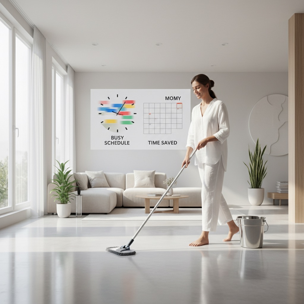 A minimalist scene of a person easily cleaning an adamantine floor with a microfiber mop, symbolizing time saved and effortless maintenance.
