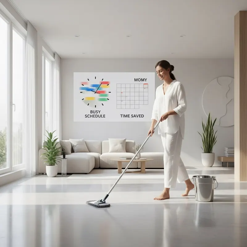 A minimalist scene of a person easily cleaning an adamantine floor with a microfiber mop, symbolizing time saved and effortless maintenance.