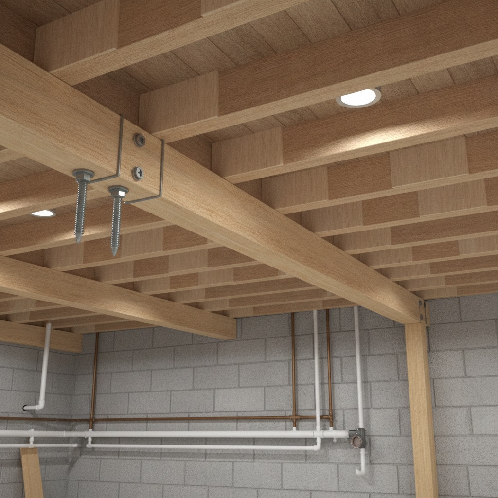 A 3D render of a crawlspace showing floor joist reinforcement techniques: sistering a new joist to an old one and adding wooden blocking between joists for stability.