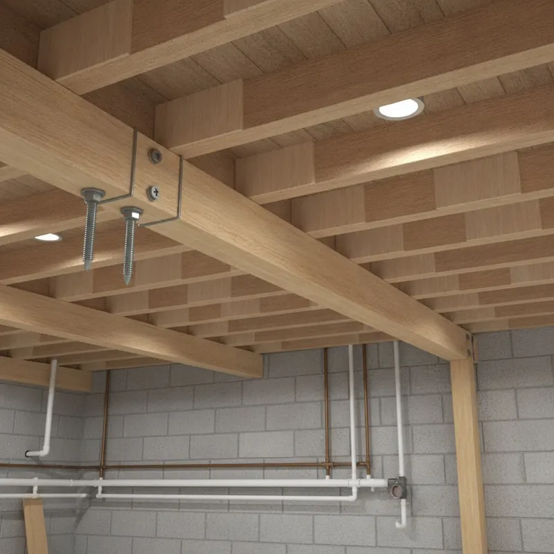 A 3D render of a crawlspace showing floor joist reinforcement techniques: sistering a new joist to an old one and adding wooden blocking between joists for stability.