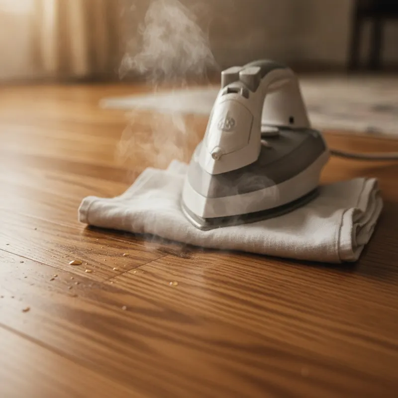 A close-up, photorealistic macro shot of a dent being repaired on a solid oak hardwood floor. A hot household iron is pressing on a damp white cloth placed over the dent, with visible wisps of steam rising. The focus is sharp on the wood grain, showing the compressed fibers beginning to swell and rise back to level with the surrounding surface. The scene has warm, inviting lighting, conveying a sense of a practical, effective home repair.