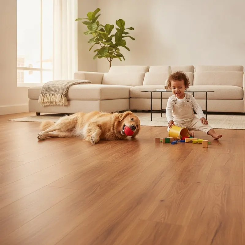 A bright, photorealistic lifestyle shot of a living room with LVP flooring, where a golden retriever and a toddler are playing with toys, and the floor remains pristine.