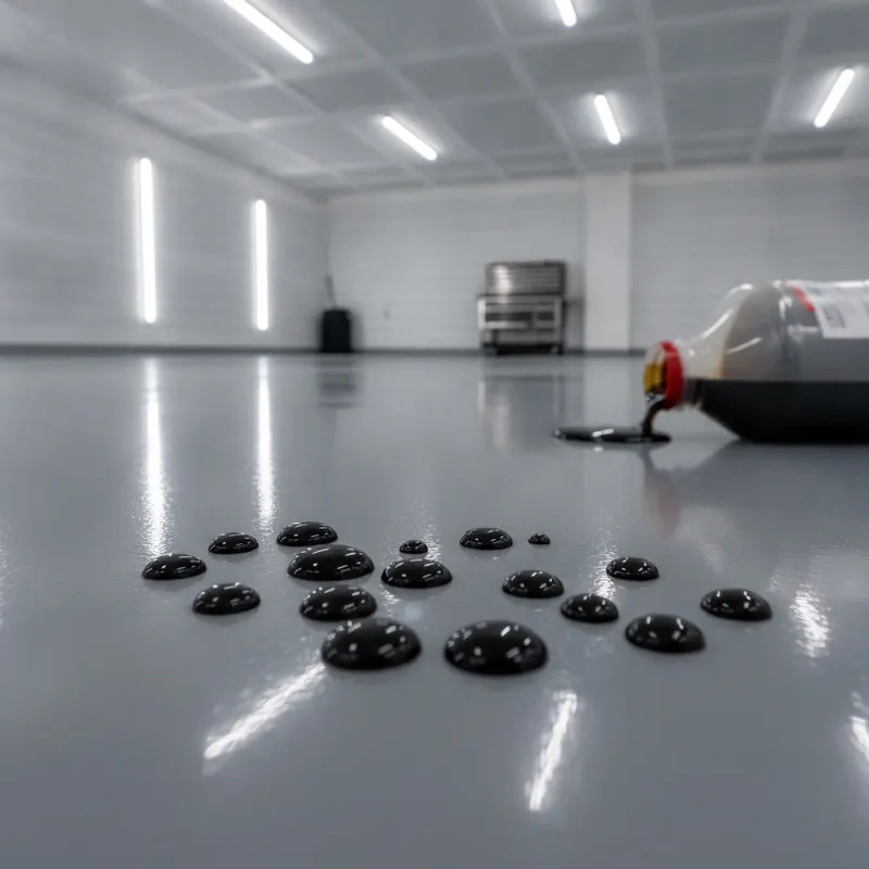 Spilled motor oil beading up on the surface of a high-gloss gray epoxy floor in a garage, demonstrating its chemical resistance.