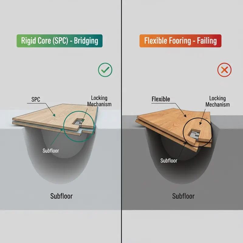 Diagram comparing rigid core (SPC) flooring successfully bridging a subfloor dip with flexible flooring failing by bending into the dip and stressing its locking mechanism.