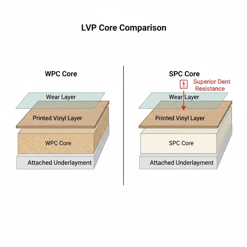 Detailed cross-section diagram comparing WPC and SPC LVP cores, highlighting the denser SPC core for superior dent resistance.