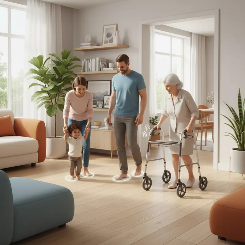 Illustration of a multi-generational family (toddler, adult, senior with walker) moving safely and comfortably on a durable, slip-resistant floor in a modern home, emphasizing stability and well-being.