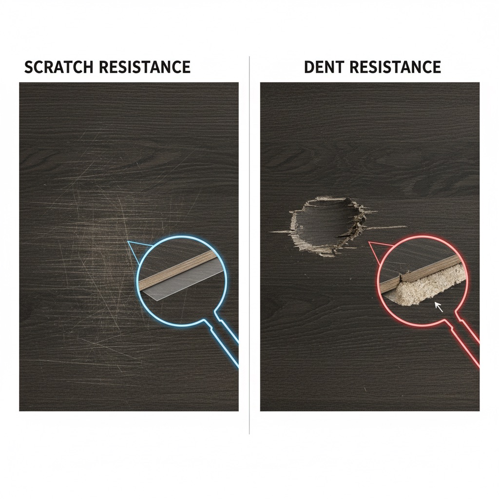 A split image showing the difference between scratch resistance (fine lines on a surface) and dent resistance (a deep indentation into the material's core) on a floor.