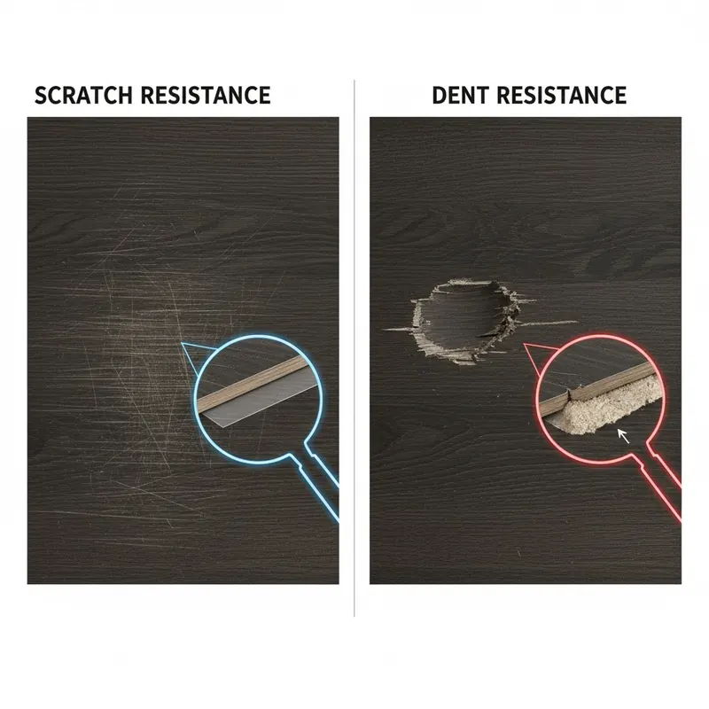 A split image showing the difference between scratch resistance (fine lines on a surface) and dent resistance (a deep indentation into the material's core) on a floor.