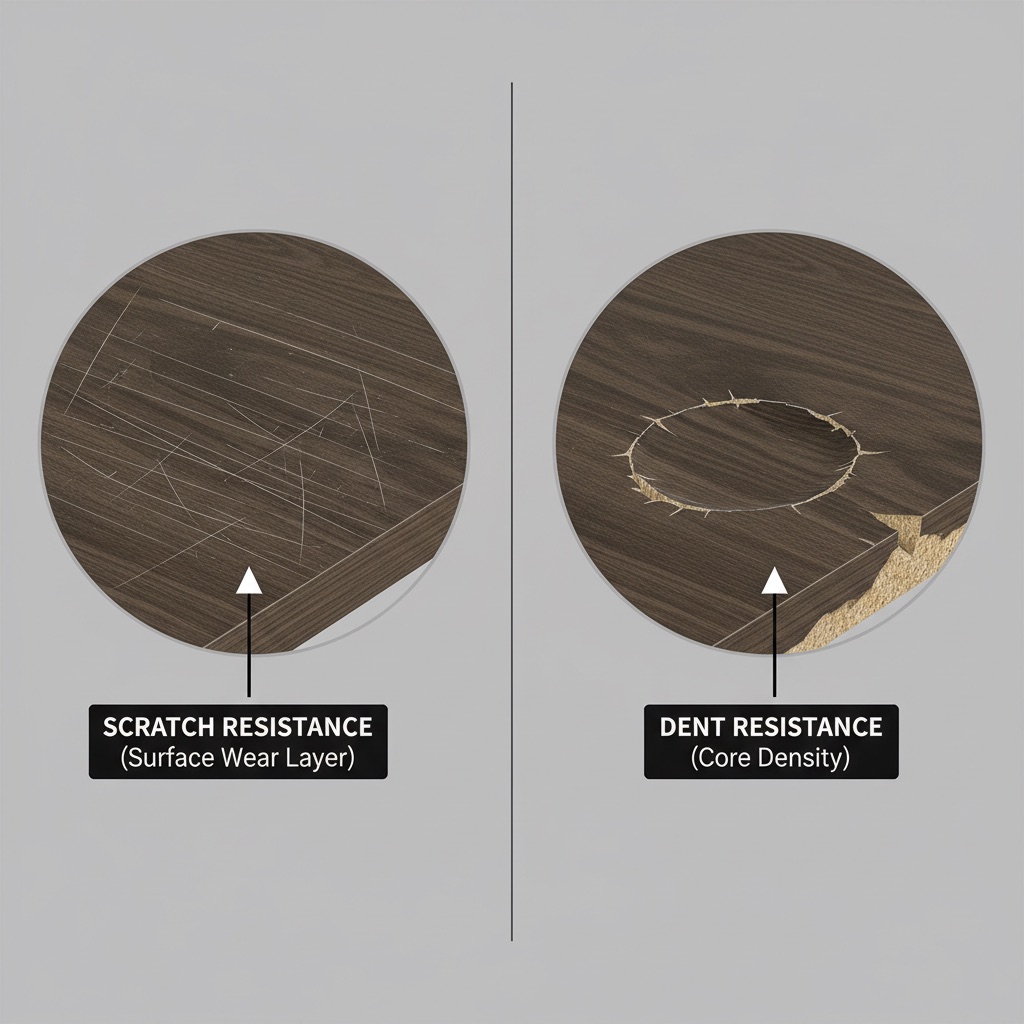 A clear, side-by-side comparison illustration. On the left panel, a close-up of a floor surface with fine, visible scratch marks on the top layer, perhaps from pet claws or dragging an object. A label clearly points to the surface, indicating 'Scratch Resistance (Surface Wear Layer)'. On the right panel, a close-up of a floor with a distinct, deeper indentation or crater, showing damage that penetrates the core material, perhaps from a dropped heavy object or a high heel. A label points to the core, indicating 'Dent Resistance (Core Density)'. The style should be realistic yet diagrammatic, emphasizing the different depths of damage.